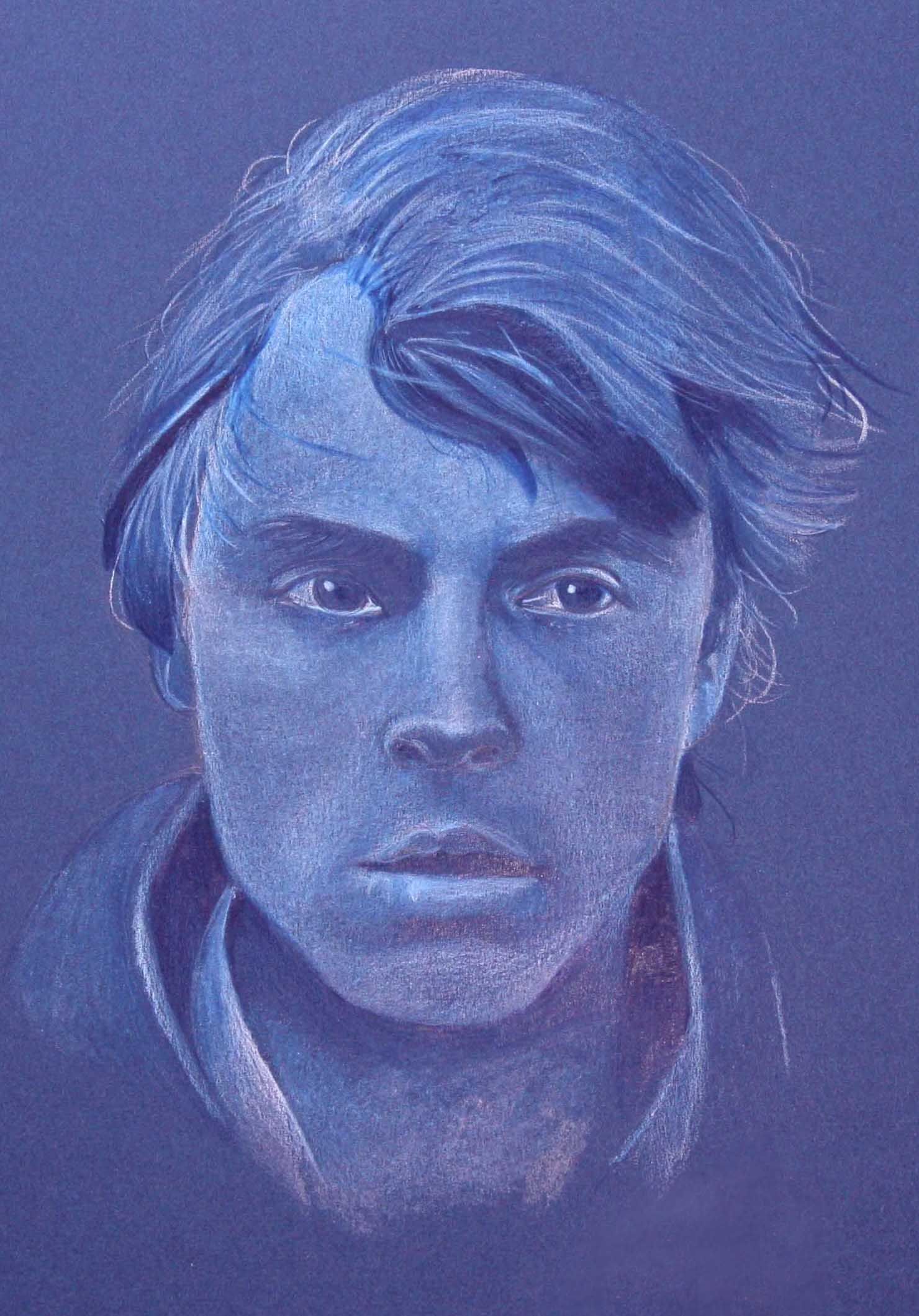 Blue-tinted close-up portrait of a serious person with tousled hair, looking slightly to the side