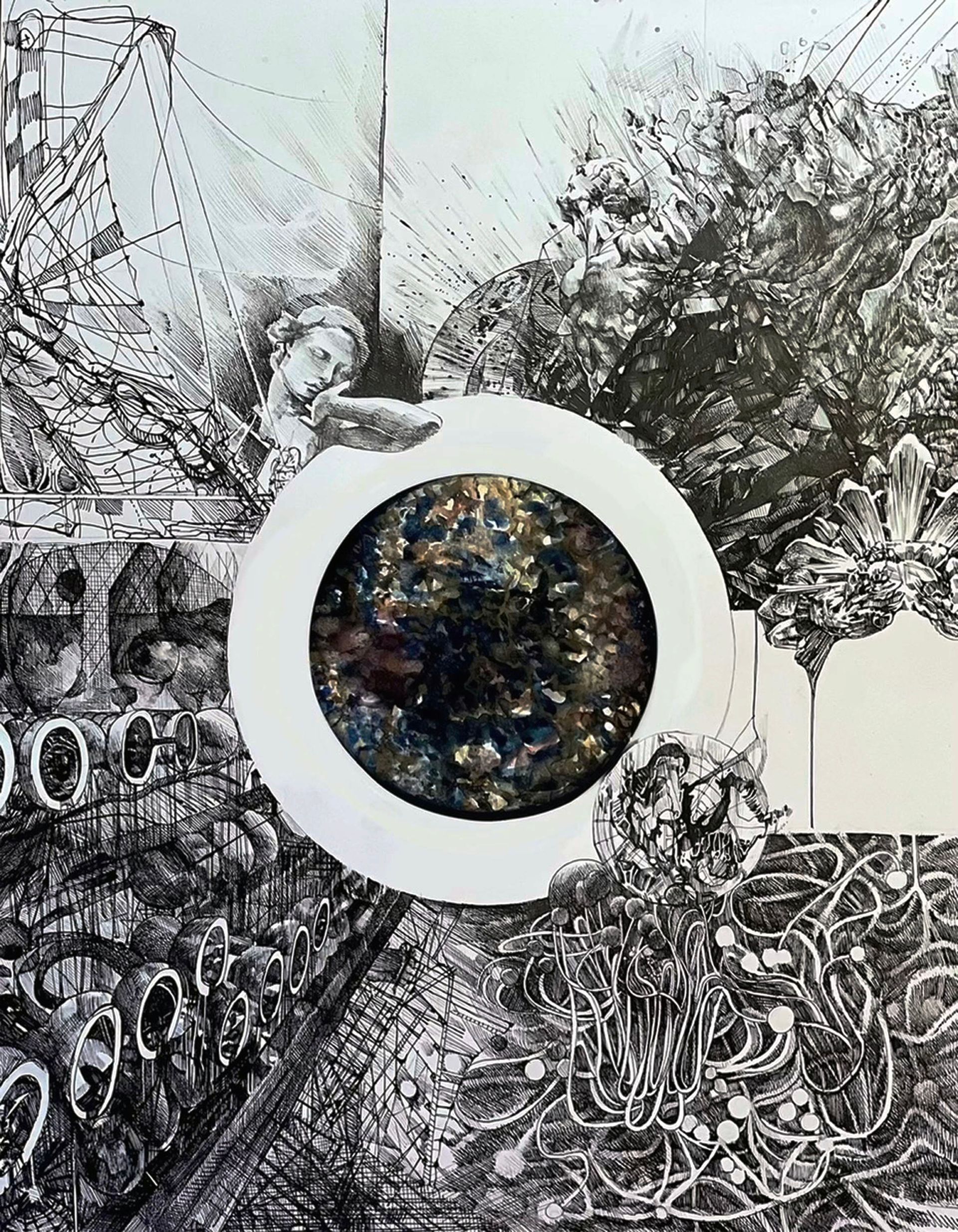 Abstract black-and-white collage with a white ring framing a dark circular center and tree-like patterns