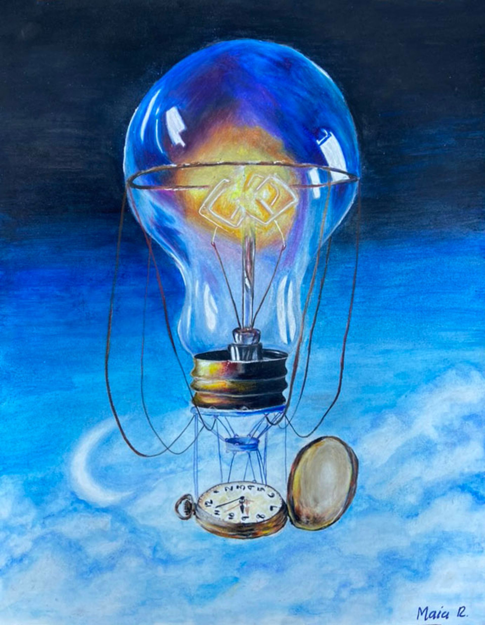 Blue light bulb with glowing filament on a blue background, with a small pocket watch and disconnected wires.