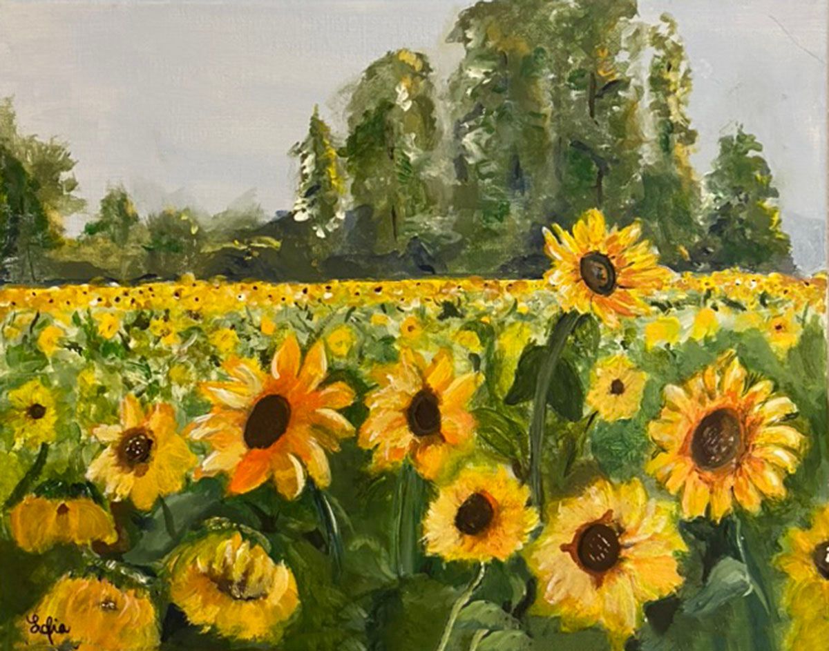 Sunny sunflower field with yellow blooms and tall green trees under a pale sky