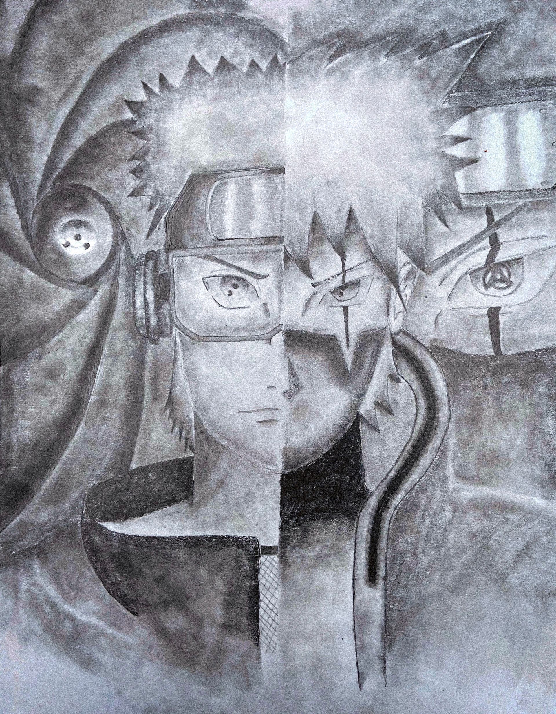 Black-and-white anime-style portrait of a character with spiky hair and serious expression.