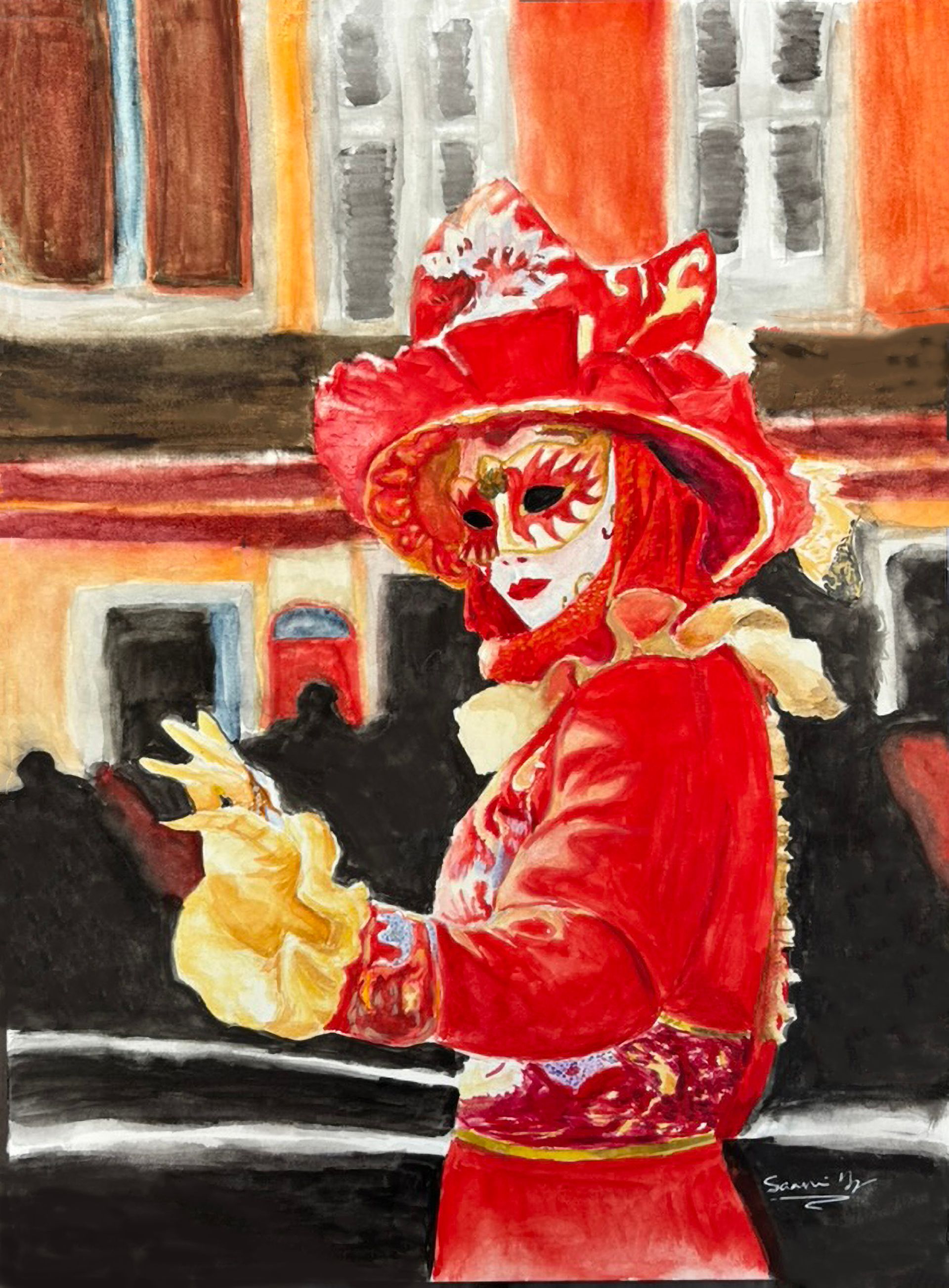 Person in a bright red Victorian-style outfit and hat, wearing a mask and yellow gloves, stands outdoors near buildings.