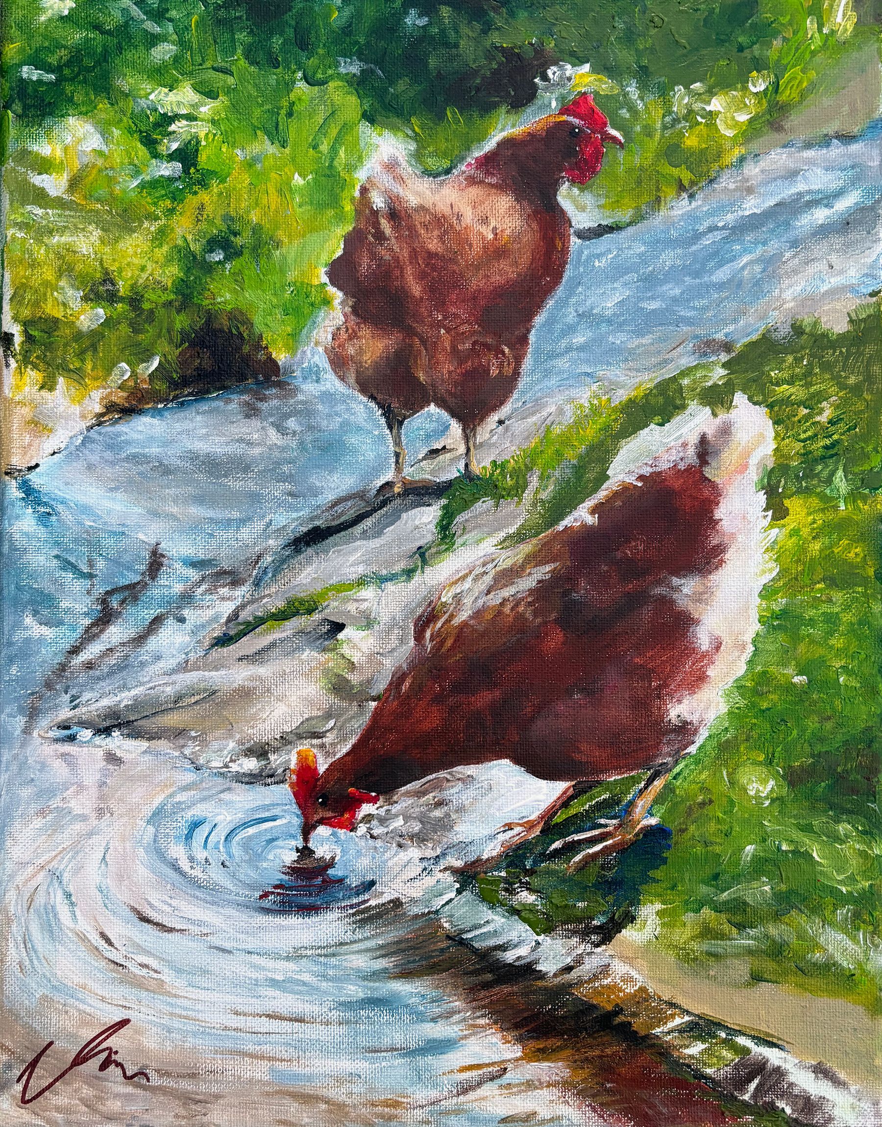 Three chickens pecking along a winding path in a green garden, painted in vivid colors