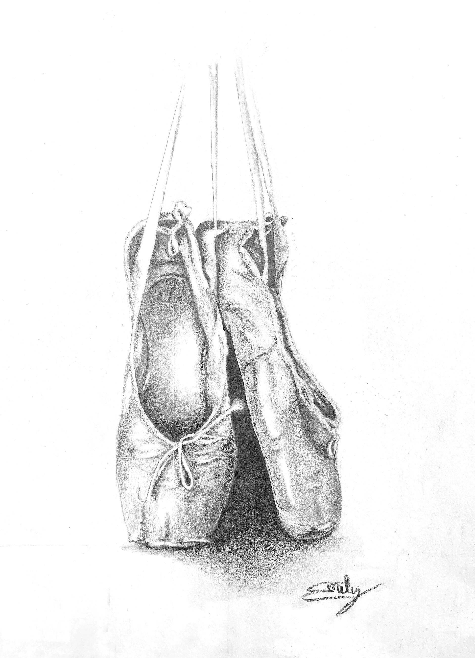 Sketch of a pair of ballet pointe shoes hanging by their ribbons