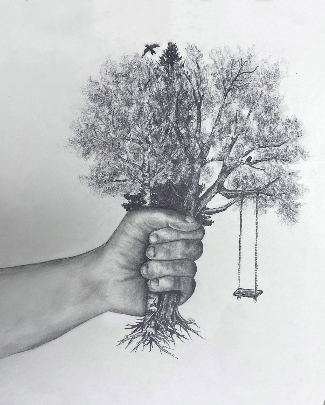 Hand holding a tree rooted in the palm, with a swing hanging from one branch.