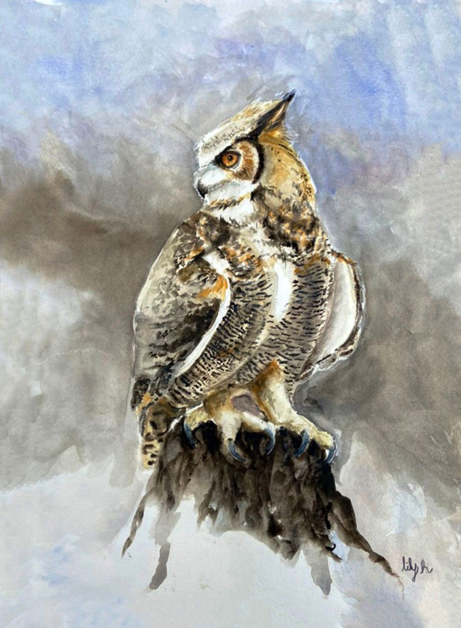 Owl perched on a dark stump, painted in soft gray and brown tones against a cloudy sky.