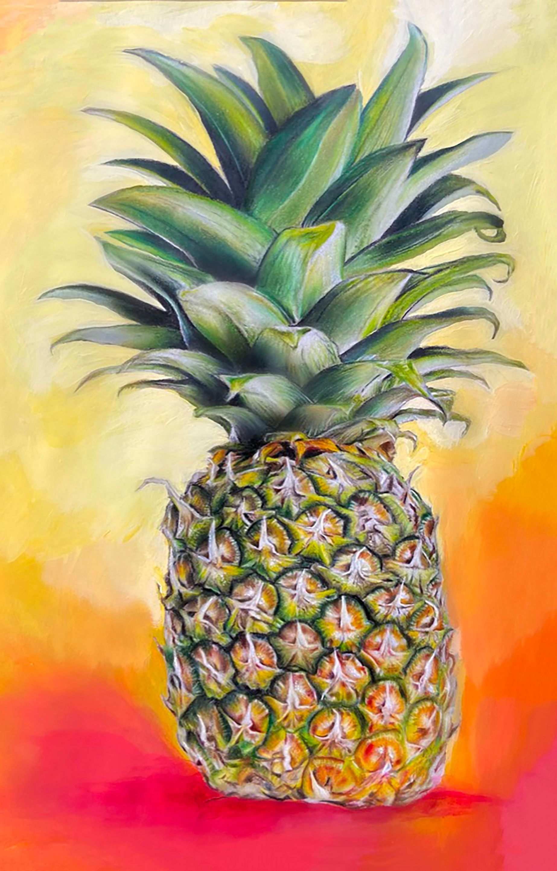 Pineapple with green crown on a yellow, orange, and pink background in a watercolor style