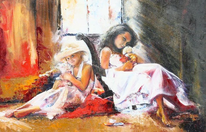 Two seated figures in flowing white and red fabric, one holding a violin, in a warm impressionist interior.