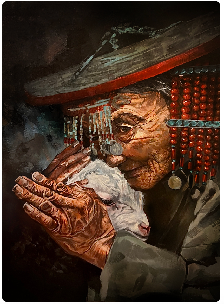 Elderly person in a straw hat clasps hands near a white dove, with red beads and a dark background.