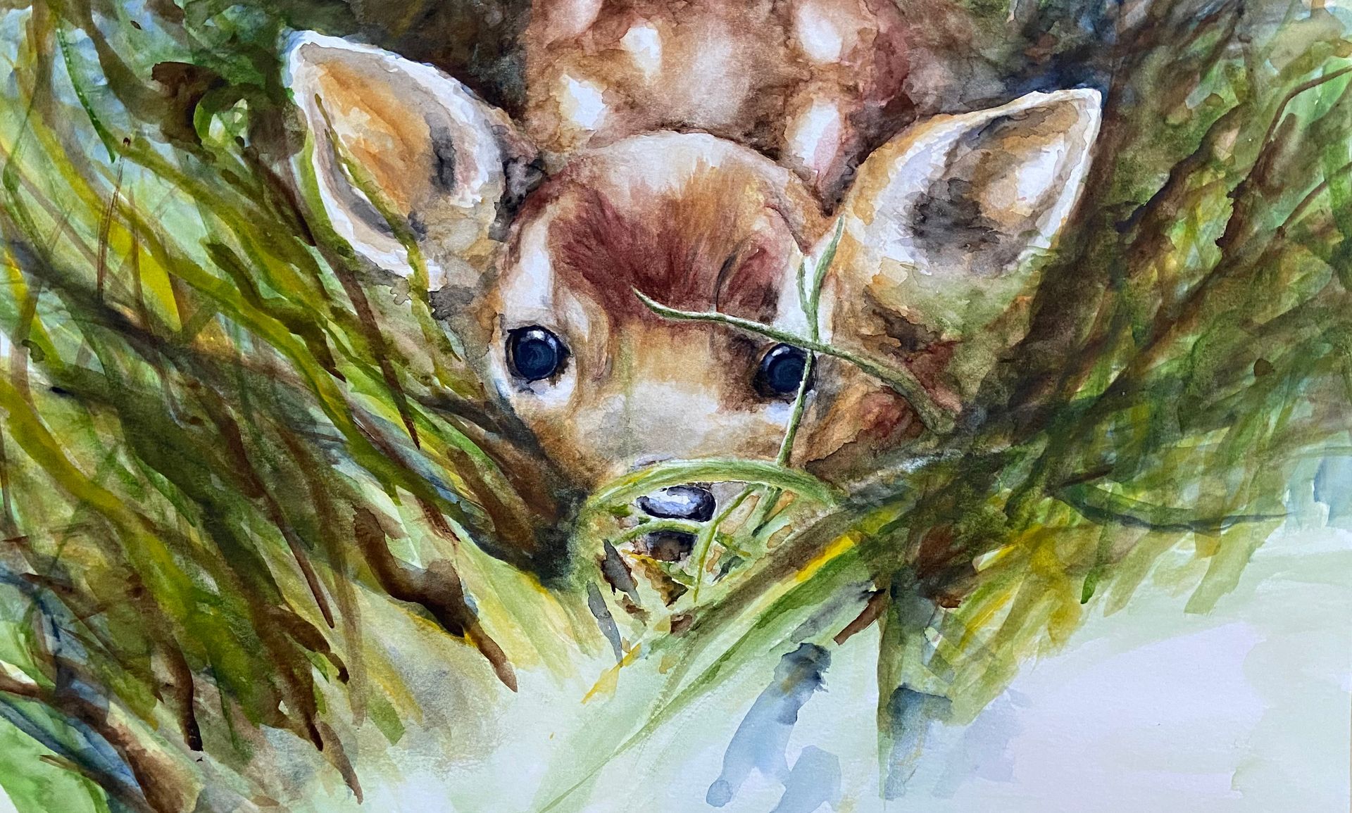 Watercolor painting of Fawn peeking through leafy branches, with spotted coat and large ears in a soft watercolor style
