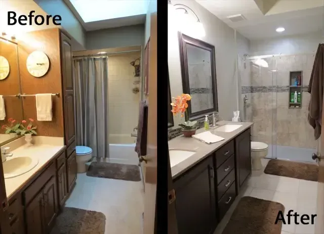Before-and-after view of a renovated bathroom with a new vanity, mirror, and shower curtain in a beige and dark wood space
