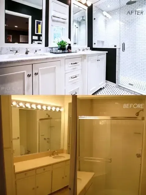 Before-and-after bathroom renovation with white vanity, mirror, and glass shower door.