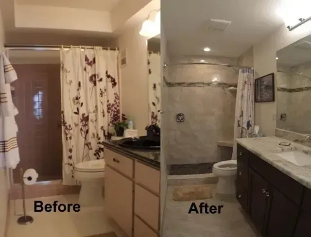 Bathroom renovation before-and-after: old tub shower left, updated marble vanity and tile right.