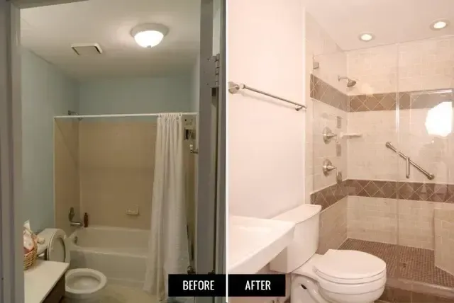 Before-and-after bathroom remodel, showing a small tub shower replaced with a tiled walk-in shower.