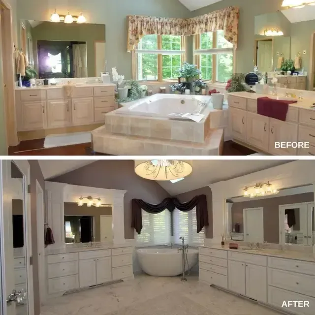 Bathroom remodel before-and-after: beige vanity and tub replaced with white cabinets and freestanding tub.