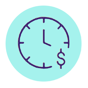 An icon of a clock with a dollar sign next to it.