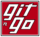 Red and white stylized &ldquo;git n go&rdquo; logo on a black background