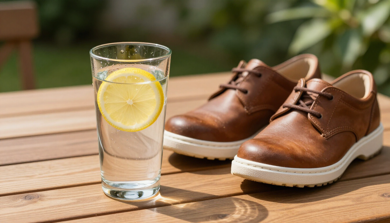 photorealistic glass of water with lemon on a sunny garden table next to a pair of comfortable walking shoes