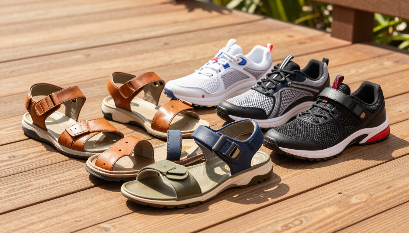 photorealistic selection of high-quality ergonomic summer sandals and athletic shoes on a wooden deck