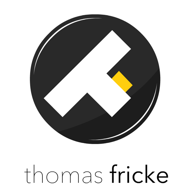 Ein Logo für Thomas Fricke mit einem weißen T in einem schwarzen Kreis