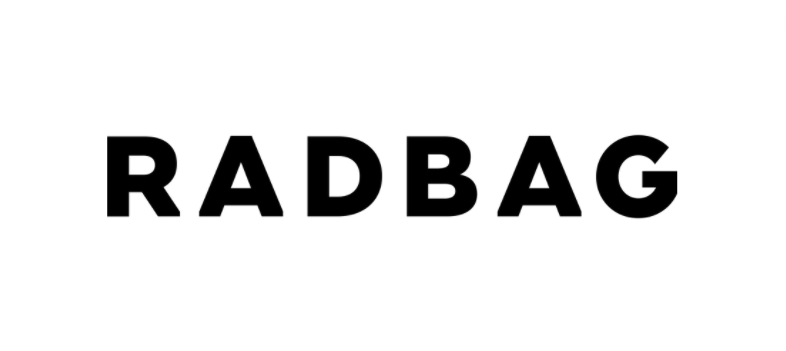 Ein schwarzweißes Logo für Radbag auf weißem Hintergrund.