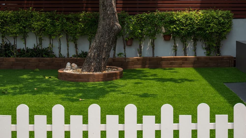 A White Picket Fence Surrounds a Lush Green Lawn in A Backyard — Green Vision NT in Virginia, NT