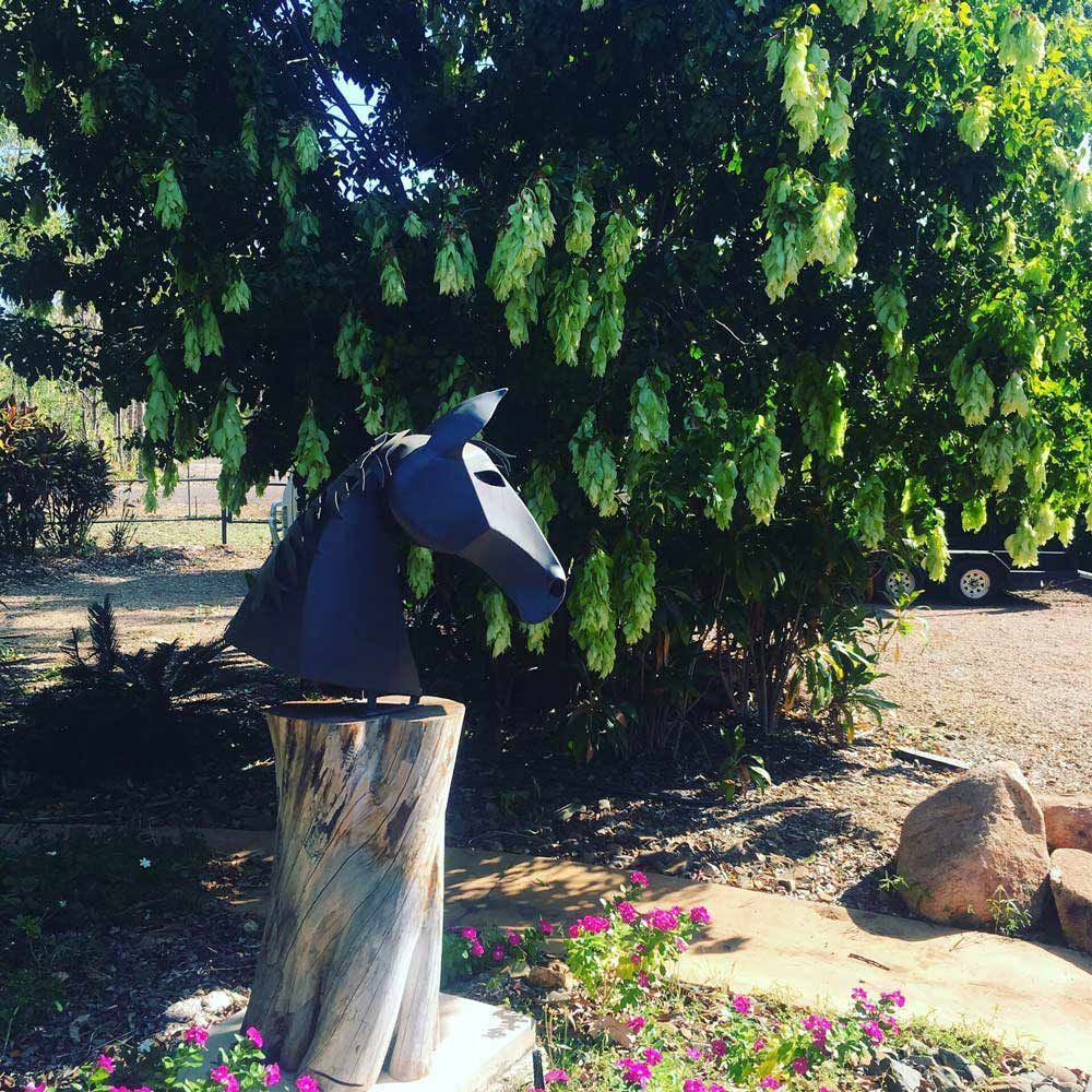 A Statue of A Horse 's Head Is Sitting on A Tree Stump — Green Vision NT in Virginia, NT