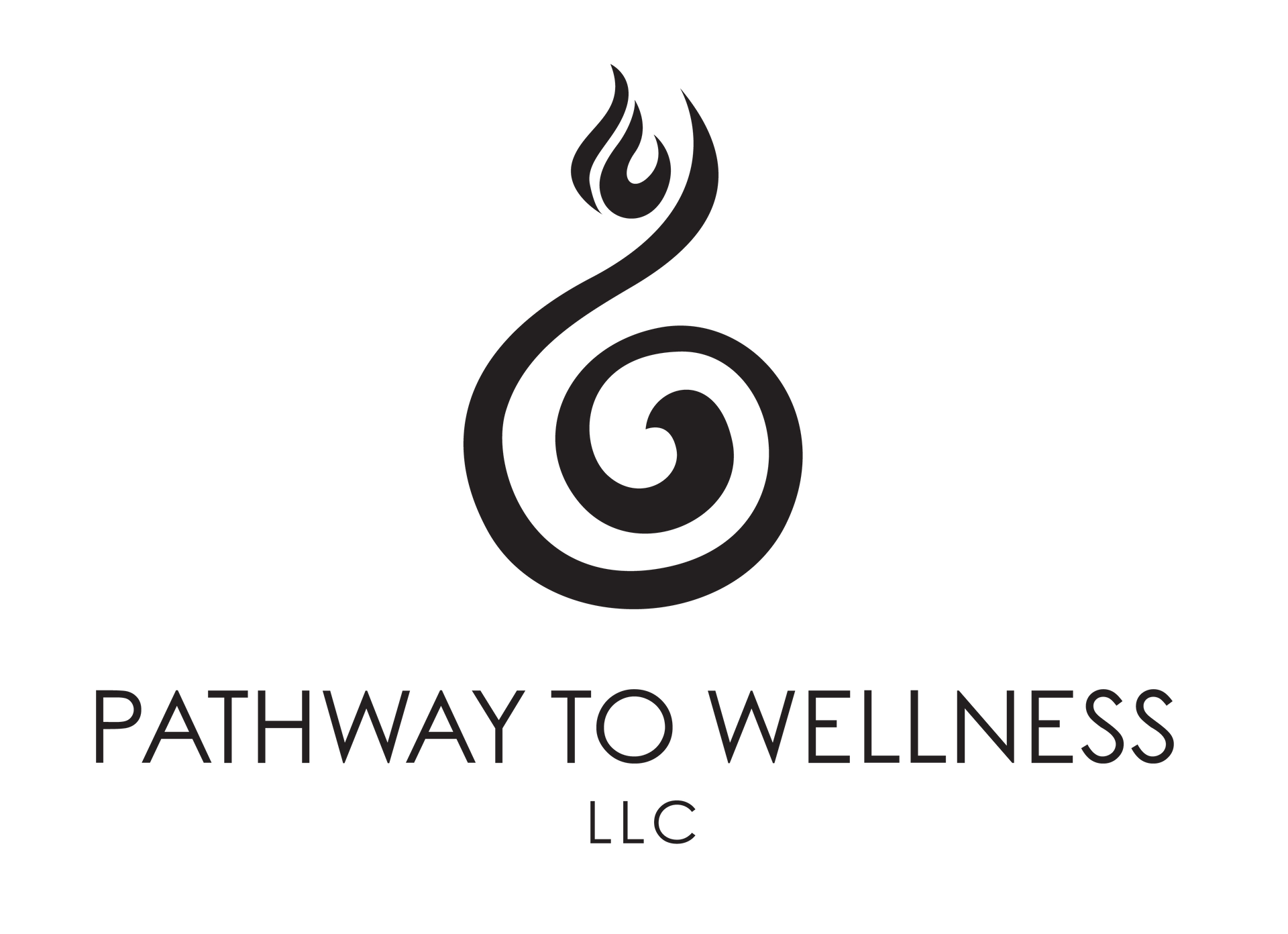 Black logo: Swirling flame symbol above 