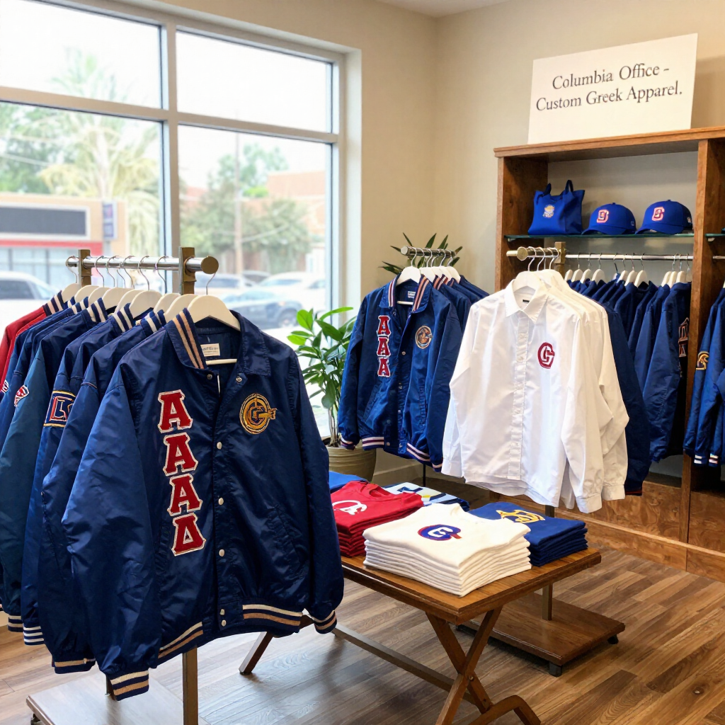 Clothing store with racks of blue and white Greek-lettered jackets, shirts, and caps displayed on shelves and tables.