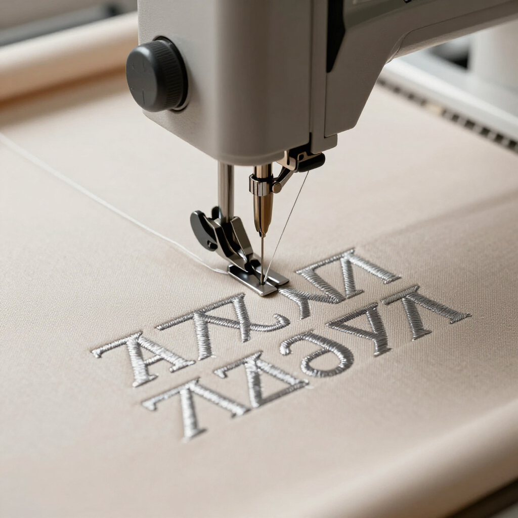 A sewing machine stitching silver-colored text onto light beige fabric.