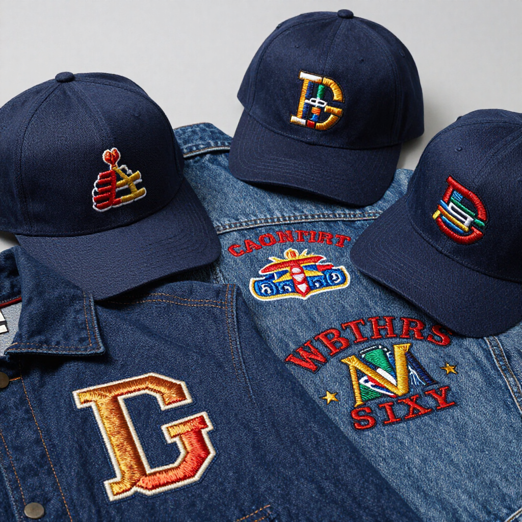 Three navy denim caps and a denim jacket featuring embroidered collegiate-style logos and patches in red, gold, and green.