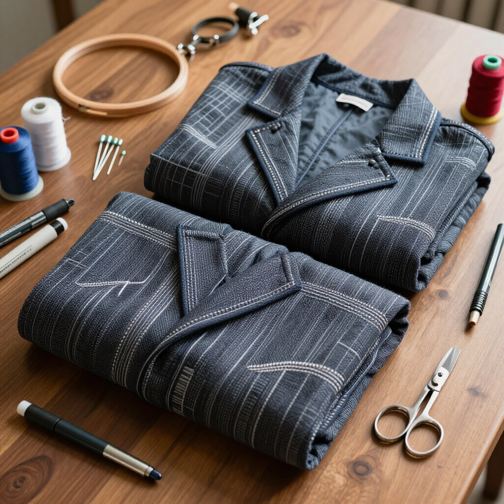 Two folded, dark gray textured jackets lay on a wooden table with sewing supplies including thread, needles, and scissors.