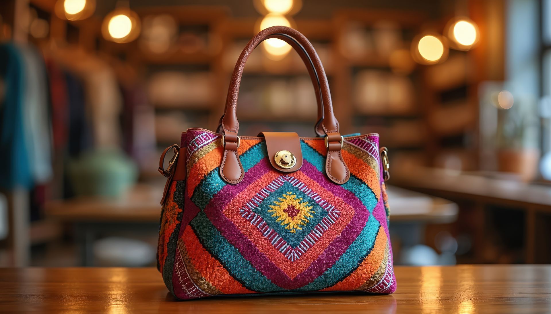 Colorful woven handbag with tan handles on a wooden table in a softly lit café