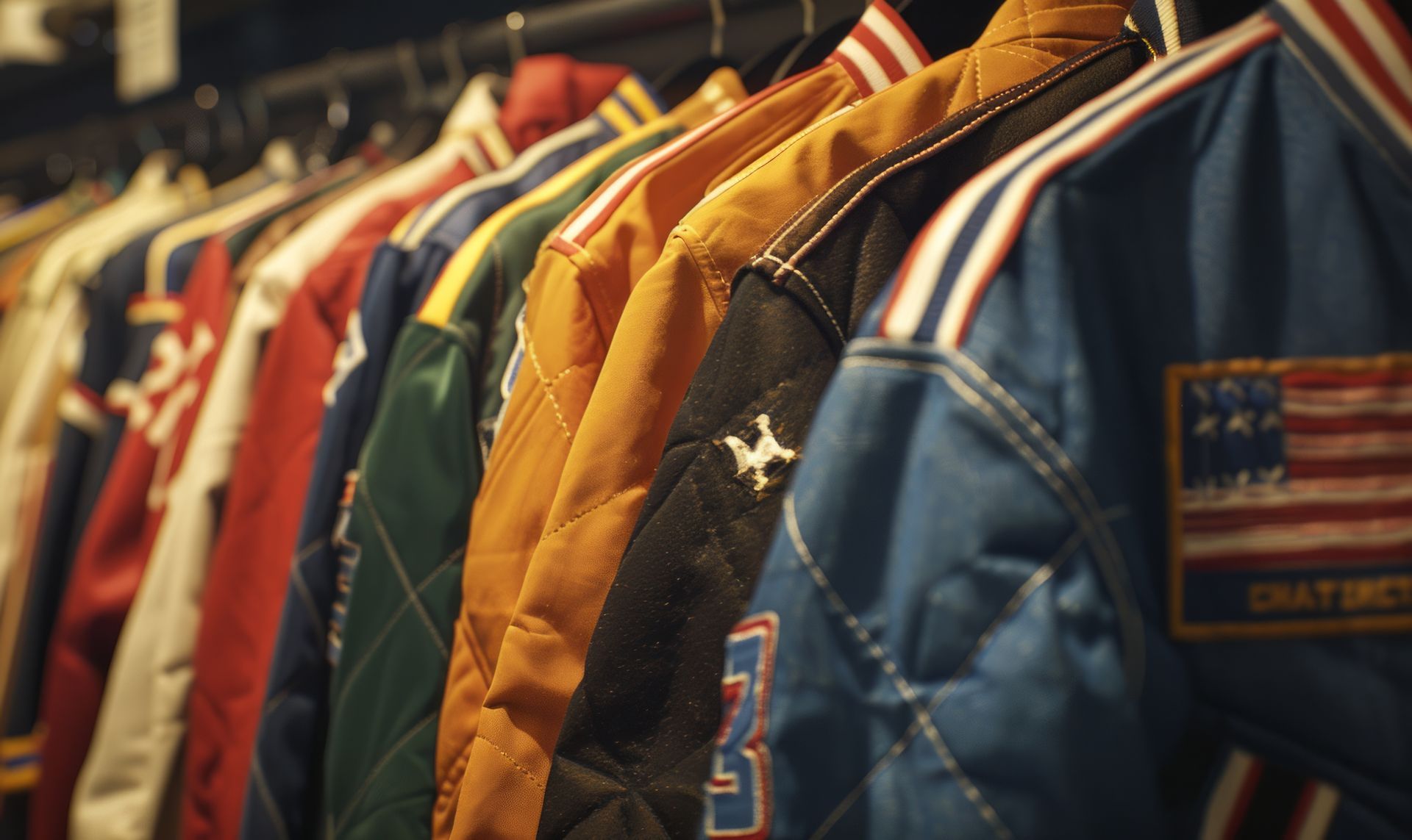 Rack of colorful racing jackets hanging in a clothing store