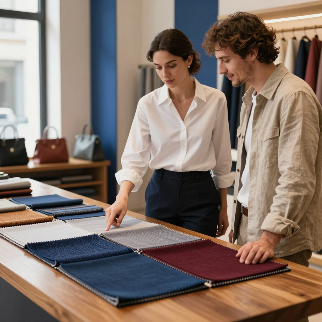 Two people looking at fabric swatches on a wooden table in a shop with handbags on display in the background.