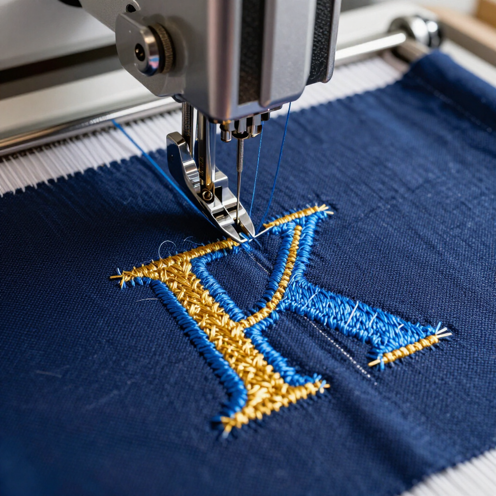 Embroidery machine stitching a blue and gold letter K on denim fabric