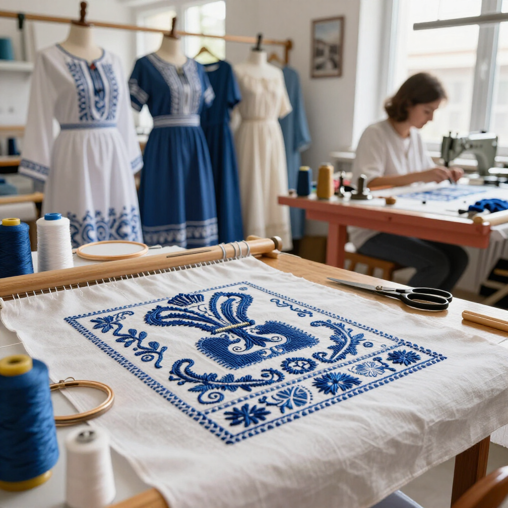 Embroidery workshop with blue-and-white folk patterns on fabric, dresses on mannequins, and a person sewing.