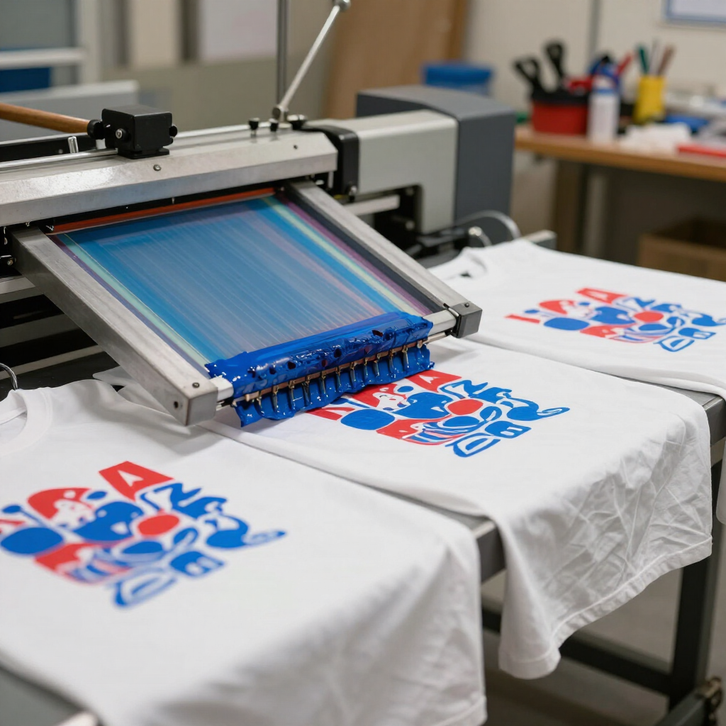 A screen printing machine applies a blue and red graphic design onto white t-shirts arranged on a production table.