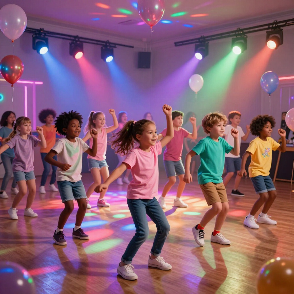 Kinderen dansen in een kleurrijke studio met ballonnen en discobelichting.