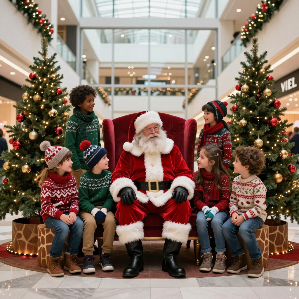 De kerstman zit met zes kinderen in een feestelijk versierde hal van een winkelcentrum, met kerstbomen en slingers in de buurt.