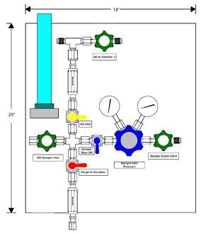 A drawing of a machine with a hose and valves on a white background.