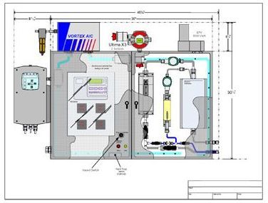 A drawing of a machine with measurements on a white background.
