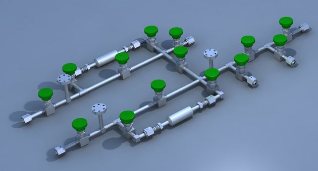 A 3d model of a pipe system with green valves.