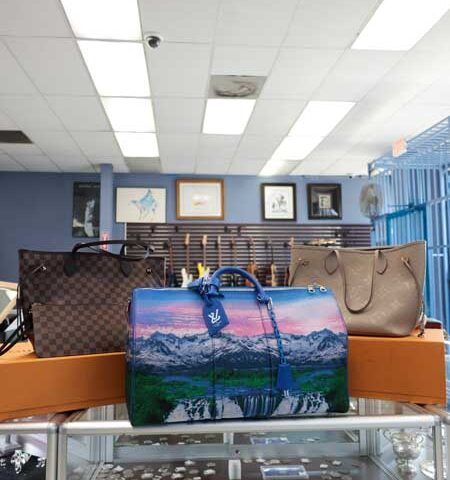 Handbags on display in a store, including a blue scenic tote in front and brown designer bags behind.