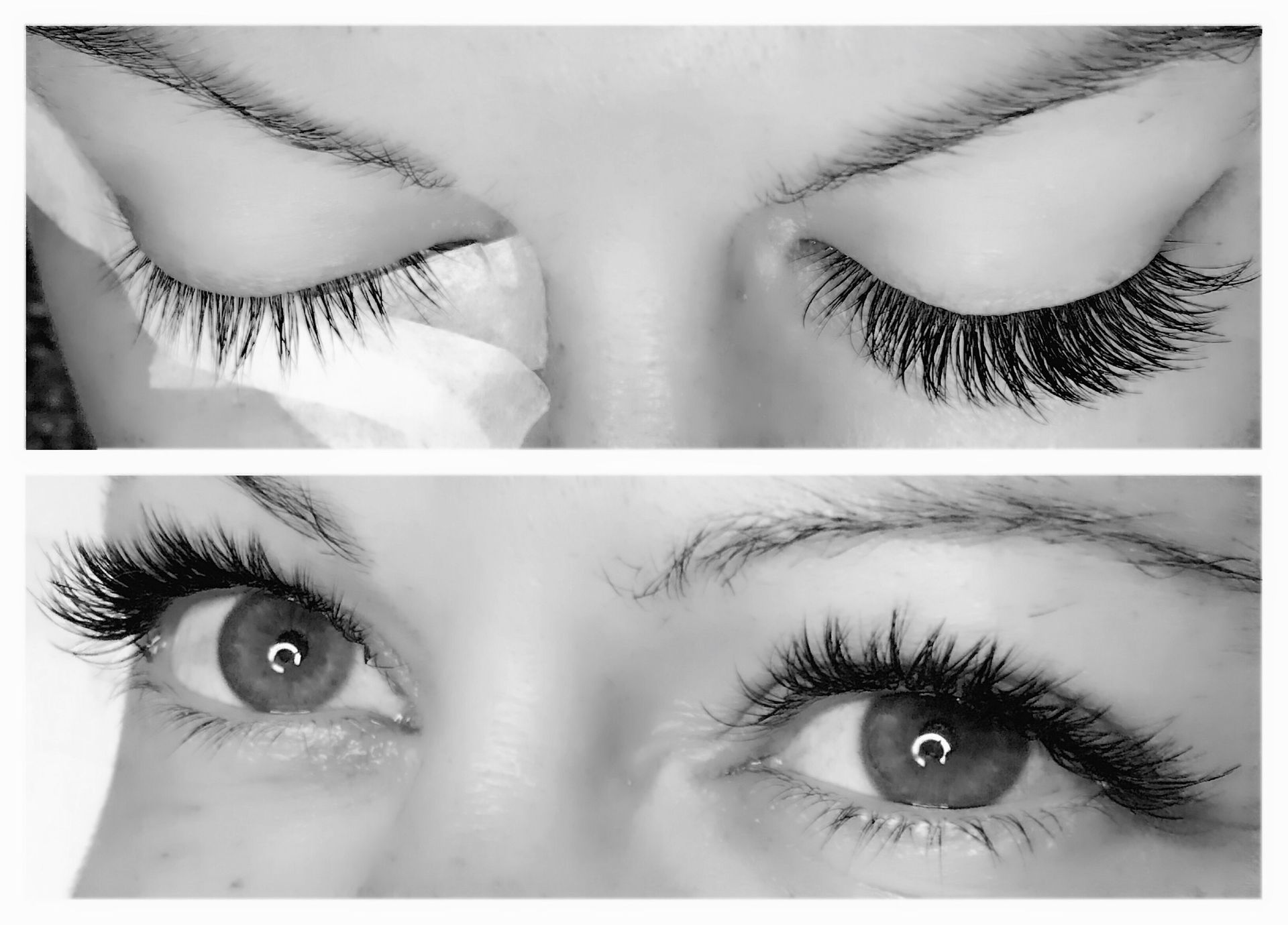 Close-up of a woman’s eyes with eyelash extensions, shown before and after makeup application.