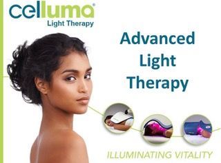 Celluma Light Therapy ad with woman, “Advanced Light Therapy” text, and glowing device icons