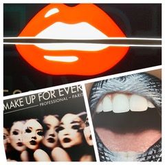 Collage of bold red lips, makeup ad text, and close-up of lips with teeth