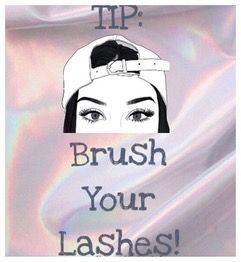 Tip: Brush your lashes! Makeup graphic with eyes under a white cap on a pink background.