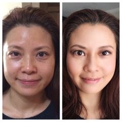 Before-and-after portrait of a woman, showing a natural look beside a more polished makeup look.