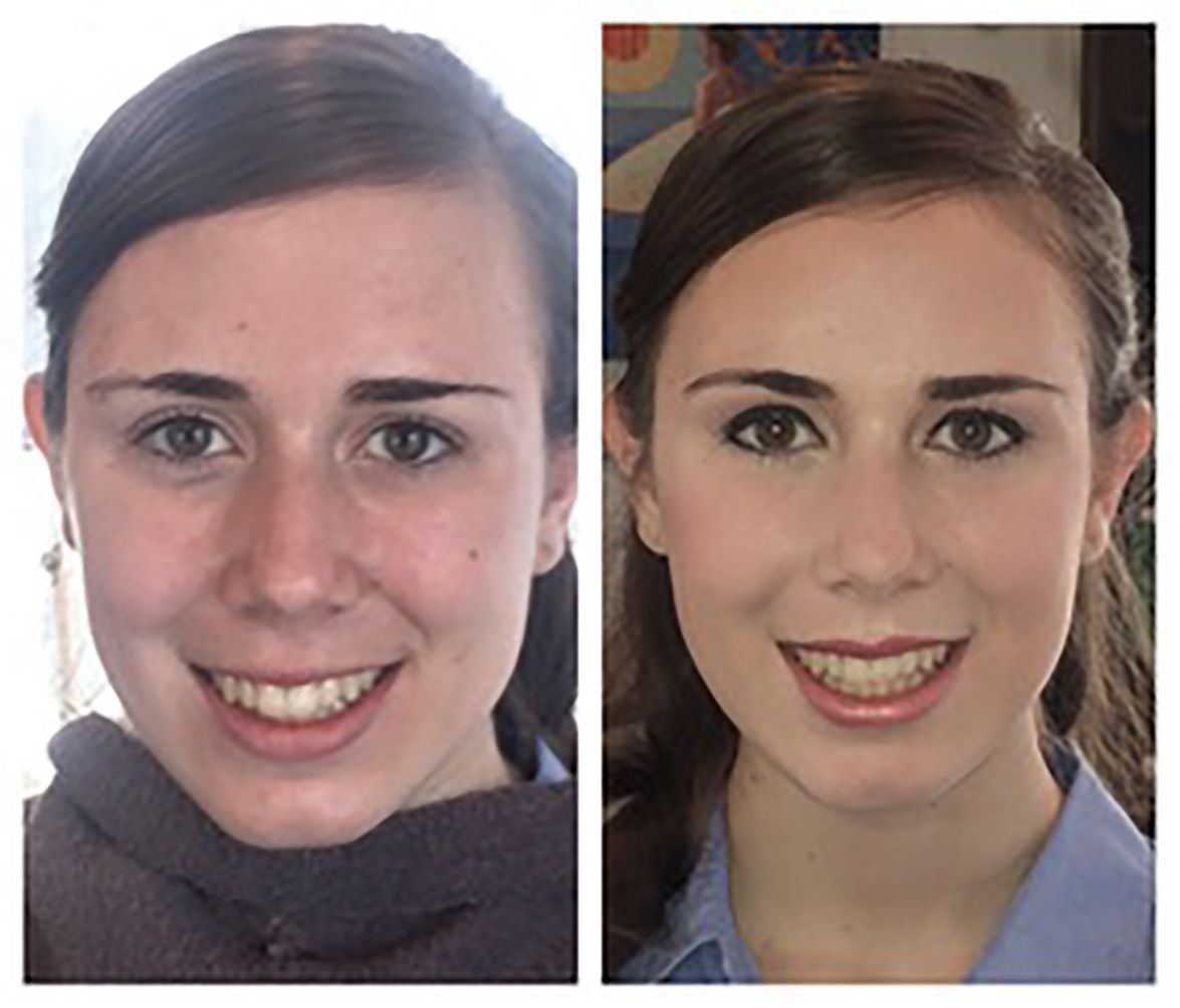 Side-by-side portrait comparison of the same woman with different makeup and hairstyle.